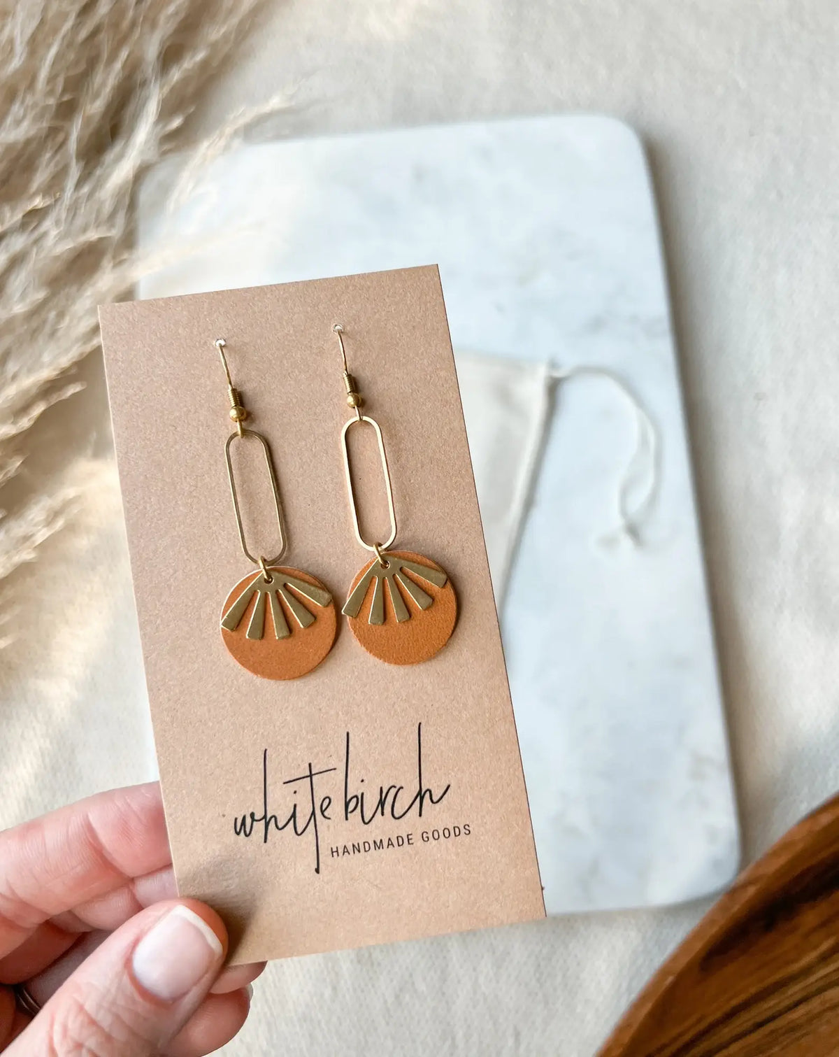 Whitebirch Handmade Goods - Tan Brown Leather & Brass Sunburst Geometric Earrings - 14k Gold Fill Hooks
