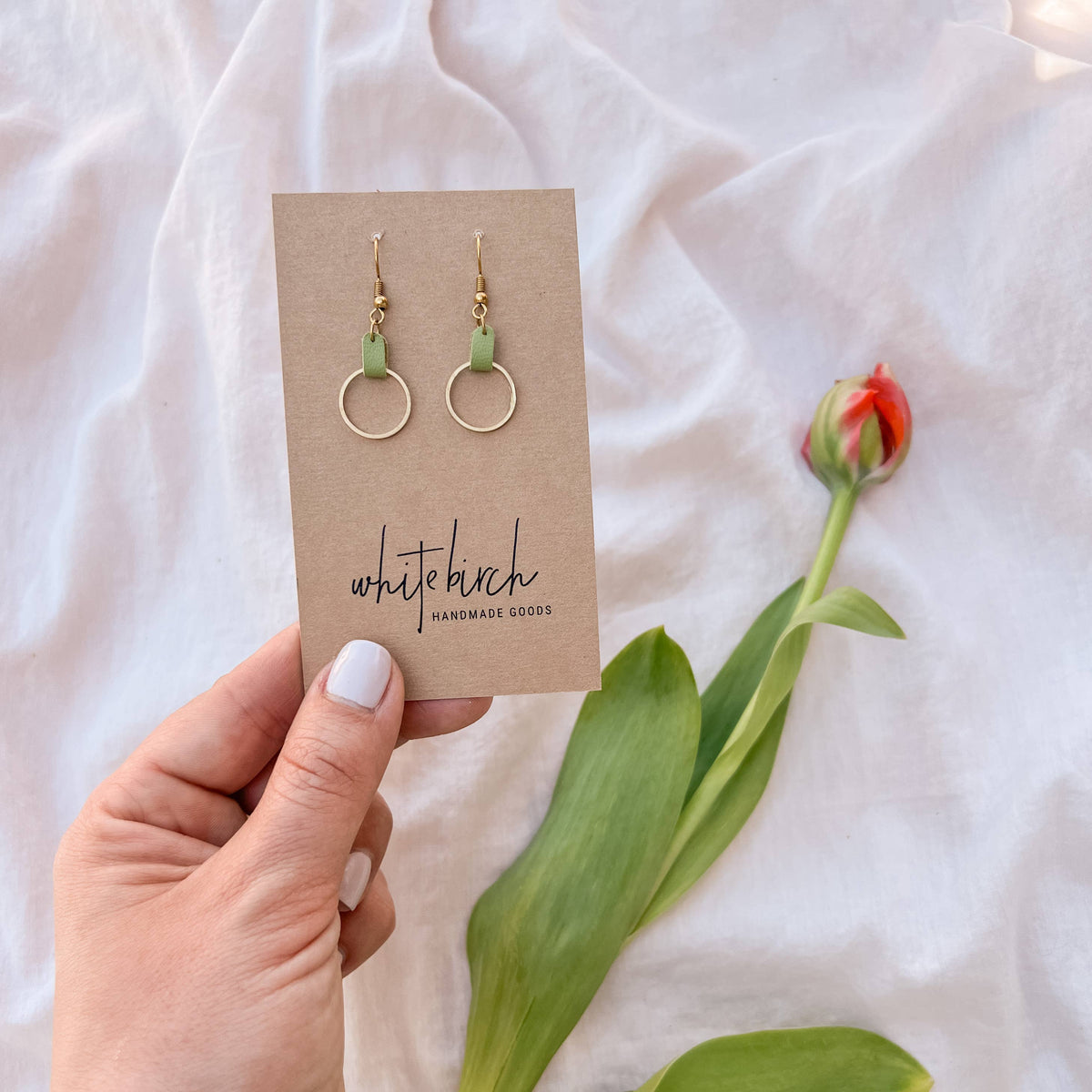 Whitebirch Handmade Goods - Lime Green Leather & Small Brass Circle Earrings - 14k Gold Fill